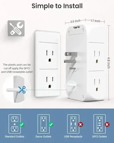 PD20W Wall Outlet Extender, Outlet Splitter with Shelf and Night Light, USB Wall Charger with 5 AC Outlets and 3 USB A Ports 1 USB C Ports Wide Space 3-Sided Power Strip Multi Plug Outlets - 6