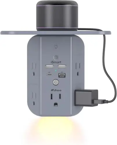 PD20W Wall Outlet Extender, Outlet Splitter with Shelf and Night Light, USB Wall Charger with 5 AC Outlets and 3 USB A Ports 1 USB C Ports Wide Space 3-Sided Power Strip Multi Plug Outlets Gray 