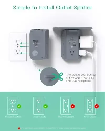 PD20W Wall Outlet Extender, Outlet Splitter with Shelf and Night Light, USB Wall Charger with 5 AC Outlets and 3 USB A Ports 1 USB C Ports Wide Space 3-Sided Power Strip Multi Plug Outlets Gray - 6