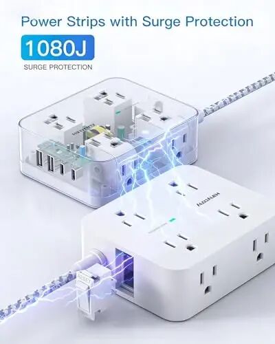 PD30W USB C Power Strip Surge Protector 10Ft, 1080J Desk Charging Station | 8 Outlets 4 USB(2 USB C Ports), Desk Charging Station, Flat Plug Extension Cord, Home Office College Dorm Room Essentials - 5