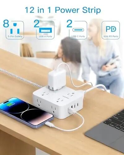 PD30W USB C Power Strip Surge Protector 15Ft, 1080J Desk Charging Station | 8 Outlets 4 USB(2 USB C Ports), Desk Charging Station, Flat Plug Extension Cord, Home Office College Dorm Room Essentials - 2