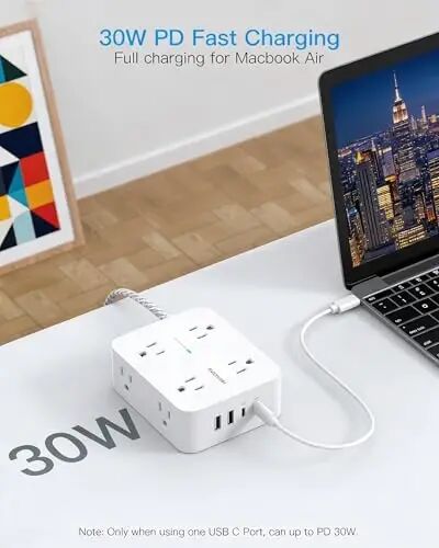 PD30W USB C Power Strip Surge Protector 15Ft, 1080J Desk Charging Station | 8 Outlets 4 USB(2 USB C Ports), Desk Charging Station, Flat Plug Extension Cord, Home Office College Dorm Room Essentials - 3