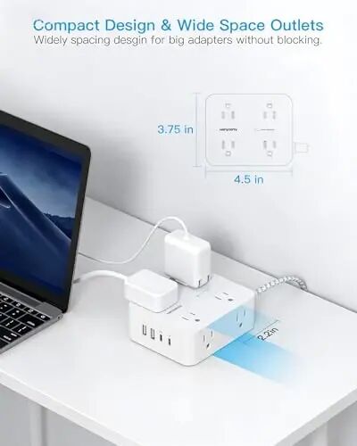 PD30W USB C Power Strip Surge Protector 15Ft, 1080J Desk Charging Station | 8 Outlets 4 USB(2 USB C Ports), Desk Charging Station, Flat Plug Extension Cord, Home Office College Dorm Room Essentials - 6