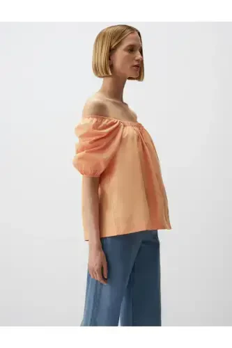 Peach 100% Cotton Square Neck Balloon Sleeve Blouse - 4
