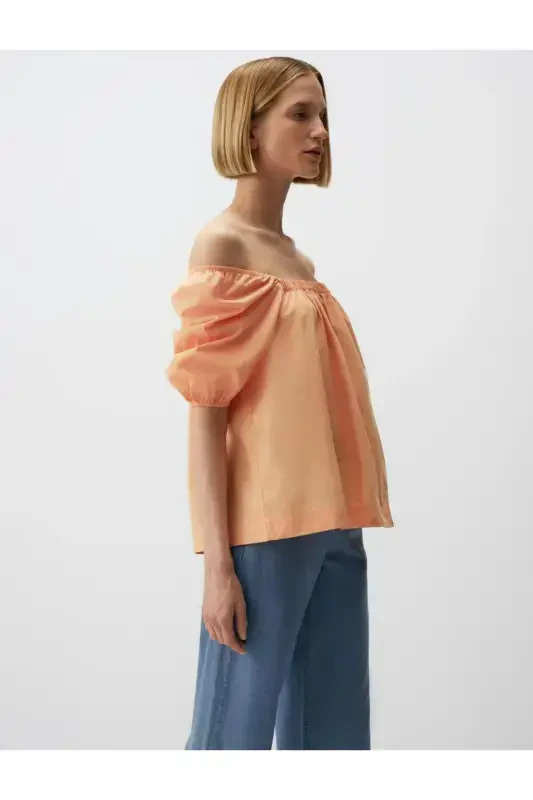 Peach 100% Cotton Square Neck Balloon Sleeve Blouse - 4