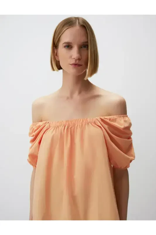 Peach 100% Cotton Square Neck Balloon Sleeve Blouse - 5