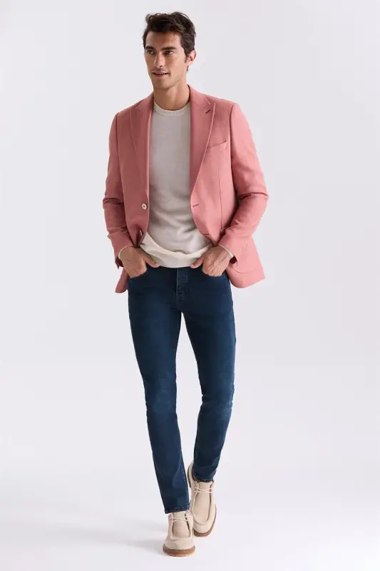 Peach Slim Fit Pointed Collar Summer Sports Jacket - 2