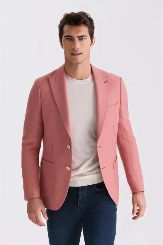 Peach Slim Fit Pointed Collar Summer Sports Jacket - 4