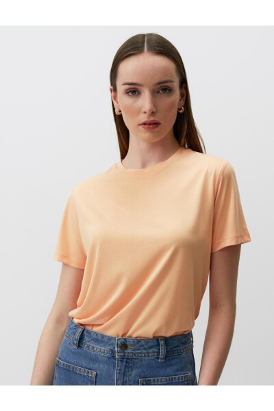 Peach Straight Cut Crew Neck Short Sleeve Basic Knit T-Shirt - 16