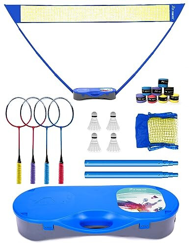 Peak Fits Portable Badminton Net Set with Storage Base, Badminton Set with 10x5 ft Net, 4 Badminton Rackets, 4 Shuttlecocks and 8 Grip Tape, Family Game, Kids, Beach Backyard Combo Set - 1