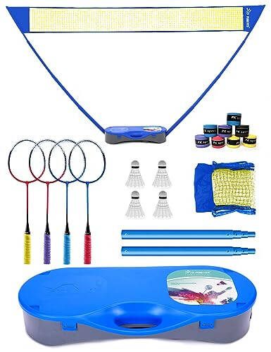 Peak Fits Portable Badminton Net Set with Storage Base, Badminton Set with 10x5 ft Net, 4 Badminton Rackets, 4 Shuttlecocks and 8 Grip Tape, Family Game, Kids, Beach Backyard Combo Set - 1