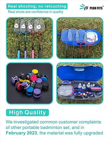 Peak Fits Portable Badminton Net Set with Storage Base, Badminton Set with 10x5 ft Net, 4 Badminton Rackets, 4 Shuttlecocks and 8 Grip Tape, Family Game, Kids, Beach Backyard Combo Set - 3