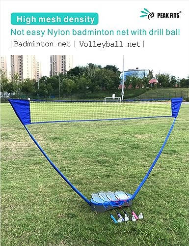 Peak Fits Portable Badminton Net Set with Storage Base, Badminton Set with 10x5 ft Net, 4 Badminton Rackets, 4 Shuttlecocks and 8 Grip Tape, Family Game, Kids, Beach Backyard Combo Set - 5