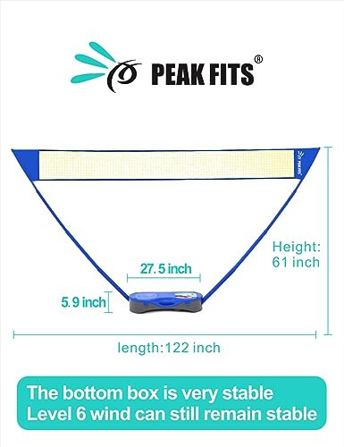 Peak Fits Portable Badminton Net Set with Storage Base, Badminton Set with 10x5 ft Net, 4 Badminton Rackets, 4 Shuttlecocks and 8 Grip Tape, Family Game, Kids, Beach Backyard Combo Set - 6