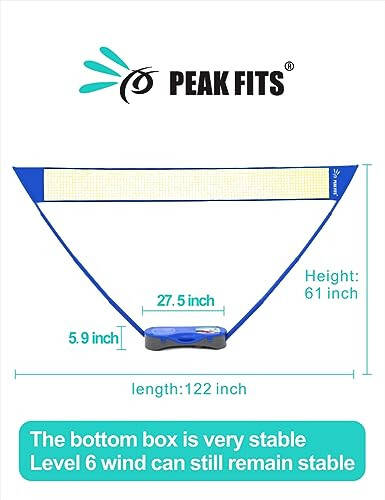 Peak Fits Portable Badminton Net Set with Storage Base, Badminton Set with 10x5 ft Net, 4 Badminton Rackets, 4 Shuttlecocks and 8 Grip Tape, Family Game, Kids, Beach Backyard Combo Set - 6