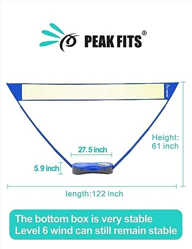 Peak Fits Portable Badminton Net Set with Storage Base, Badminton Set with 10x5 ft Net, 4 Badminton Rackets, 4 Shuttlecocks and 8 Grip Tape, Family Game, Kids, Beach Backyard Combo Set - 6