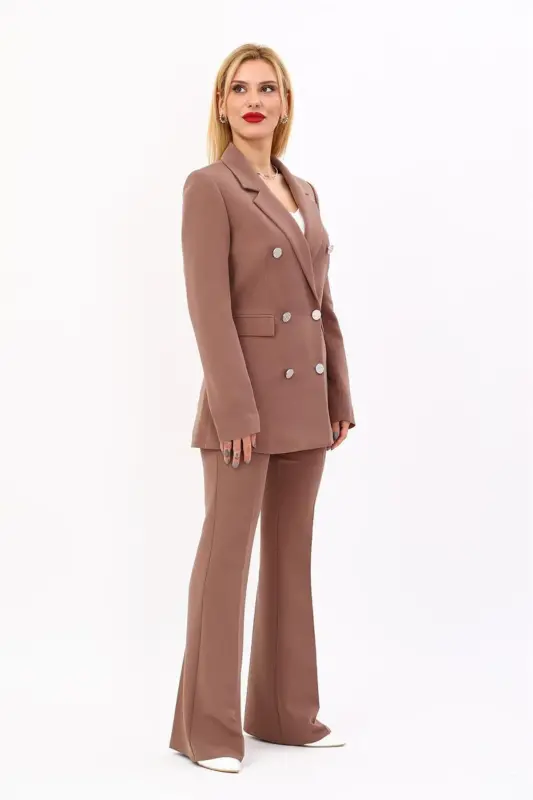 Peak Lapel Double-Breasted Blazer Jacket & Flare Pants-Brown - 1034530 - Brown - 3