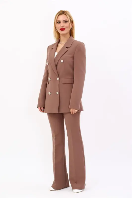 Peak Lapel Double-Breasted Blazer Jacket & Flare Pants-Brown - 1034530 - Brown - 5