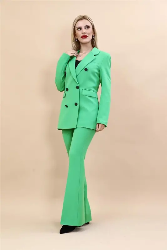 Peak Lapel Double-Breasted Blazer Jacket & Flare Pants - Emerald - 1034530 - A.Green - 1