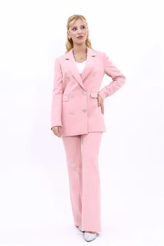 Peak Lapel Double-Breasted Blazer Jacket & Flared Pants-Powder - 1034530 - Powder - 5