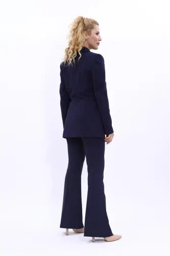 Peak Lapel Double-Breasted Blazer Jacket & Flared Trousers-Navy Blue - 1034530 - Navy Blue - 4