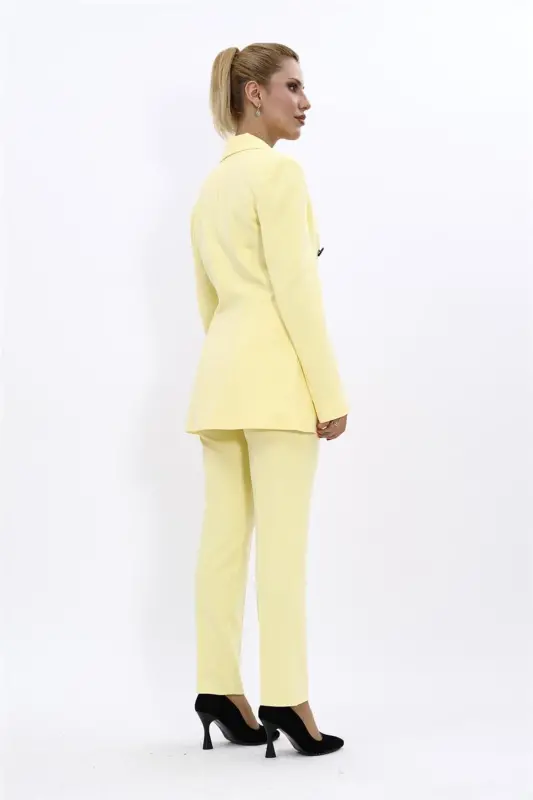 Peak Lapel Double Breasted Blazer Jacket & Slim Fit Trousers - Yellow - Yellow - 4