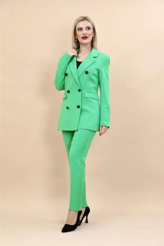 Peak Lapel Double-Breasted Blazer Jacket & Slim Leg Trousers-Green - Light Green - 1