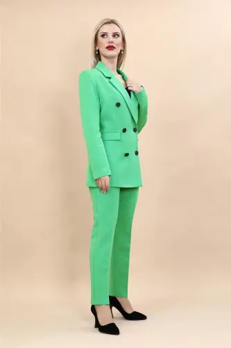 Peak Lapel Double-Breasted Blazer Jacket & Slim Leg Trousers-Green - Light Green - 3