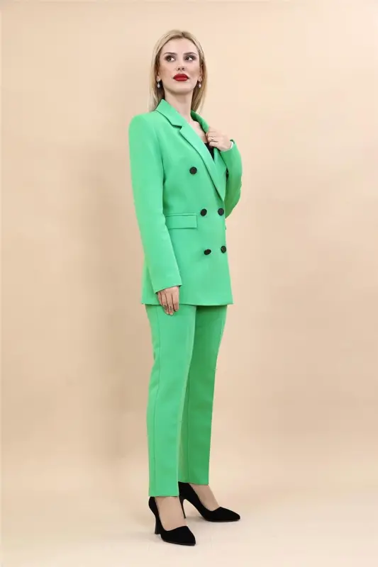 Peak Lapel Double-Breasted Blazer Jacket & Slim Leg Trousers-Green - Light Green - 3