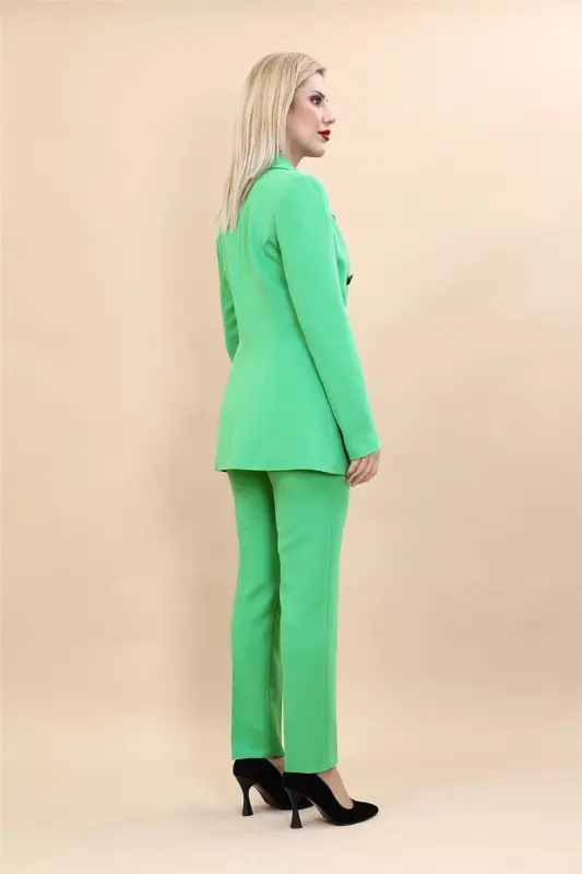 Peak Lapel Double-Breasted Blazer Jacket & Slim Leg Trousers-Green - Light Green - 4
