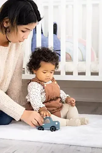 Pearhead Montessori Wooden Car Push Pull Toy for Babies and Toddlers, Blue Rolling Wheels Developmental Activity, Gender Neutral Educational Gift for 1 Year Old Boys and Girls, Nursery Playroom Decor - 4