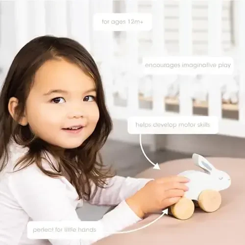 Pearhead Montessori Wooden Bunny Push-Pull Toy for Toddlers – Baby, Stocking Stuffers for Toddlers, Gray Rolling Rabbit Encourages Motor Skills & Imaginative Play - 2