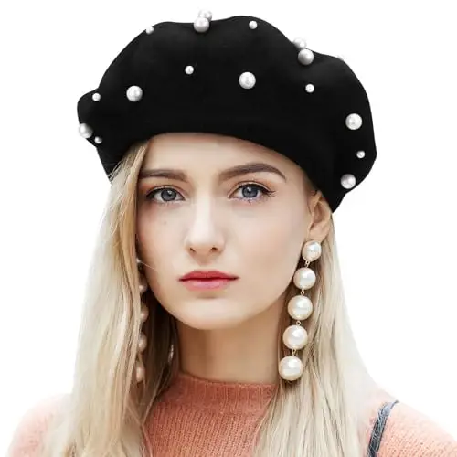 Pearl Autumn Winter Cashmere Beret Starry Beaded Pearl Rivet Wool Beret (Black) - 6