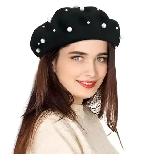 Pearl Autumn Winter Cashmere Beret Starry Beaded Pearl Rivet Wool Beret (Black) - 3