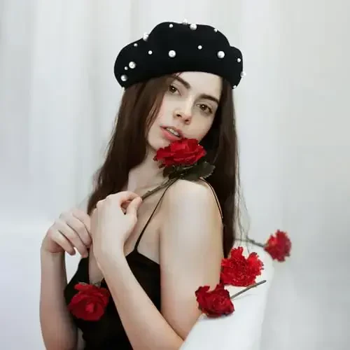 Pearl Autumn Winter Cashmere Beret Starry Beaded Pearl Rivet Wool Beret (Black) - 4