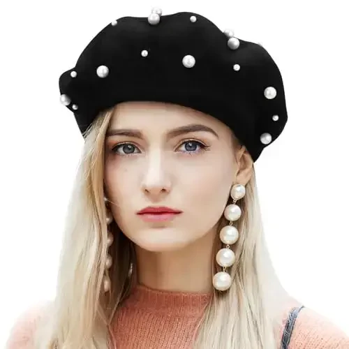 Pearl Autumn Winter Cashmere Beret Starry Beaded Pearl Rivet Wool Beret (Black) - 6
