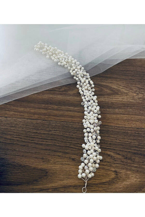 Pearl Crystal Bridal Crown 30 Cm Flower Detailed Hair Accessory - 6