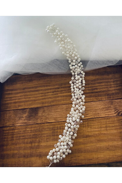 Pearl Crystal Bridal Crown 30 Cm Flower Detailed Hair Accessory - 7