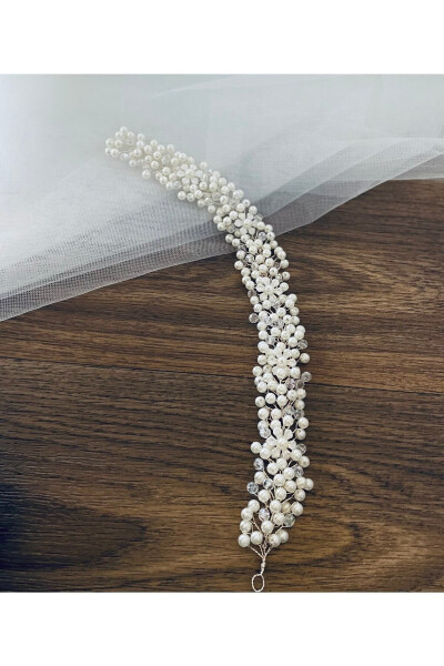 Pearl Crystal Bridal Crown 30 Cm Flower Detailed Hair Accessory - 2