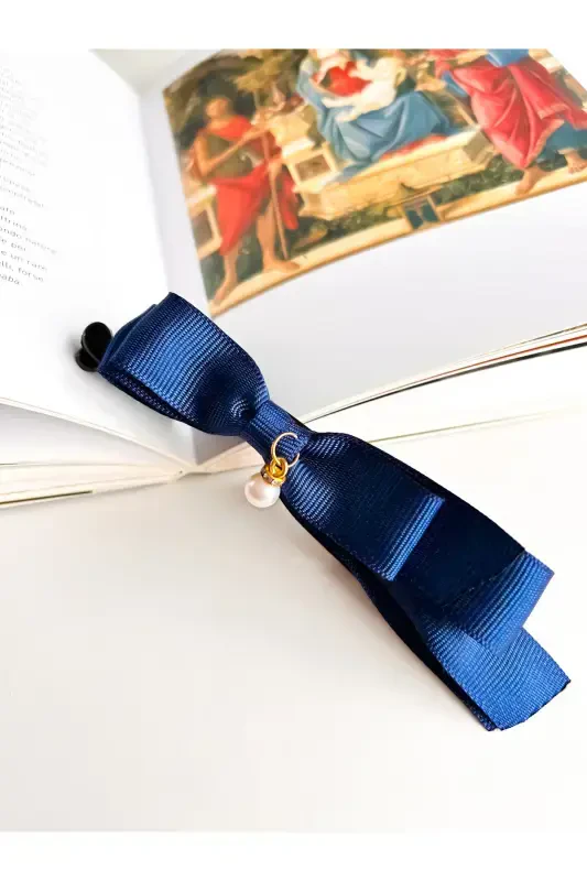 Pearl Detailed Large Bow Banana Clip - Navy Blue - 1