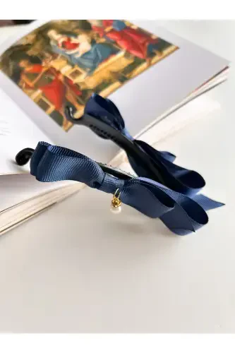 Pearl Detailed Large Bow Banana Clip - Navy Blue - CSR AKSESUAR (1)