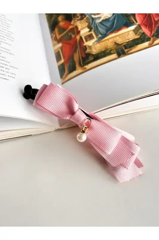 Pearl Detailed Large Bow Banana Hair Clip-Candy Pink - 1