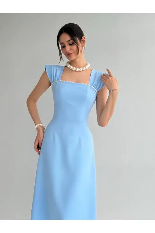 Pearl detailed midi baby blue prom dress-baby blue - 6