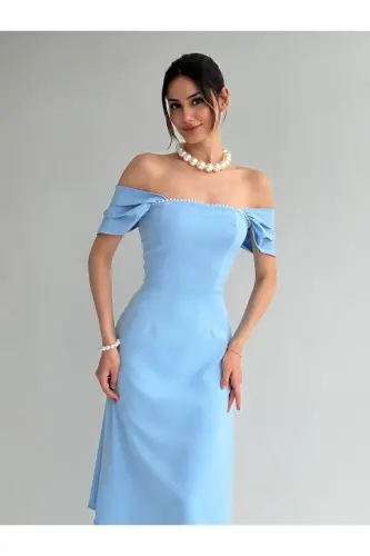 Pearl detailed midi baby blue prom dress-baby blue - 7