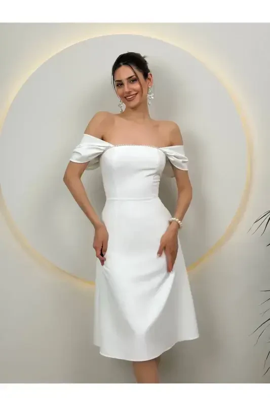 Pearl detailed midi white graduation dress-white - 2