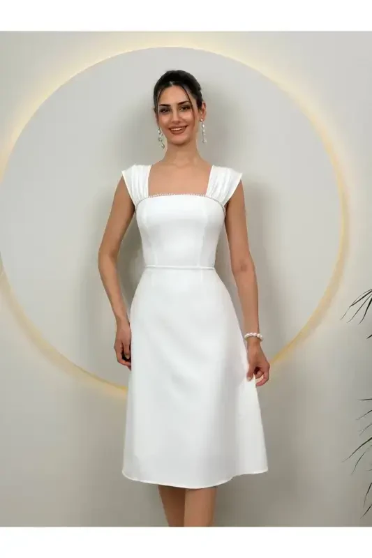 Pearl detailed midi white graduation dress-white - 3