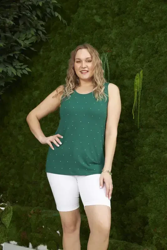 Pearl Detailed Plus Size Green Tank Top - 1
