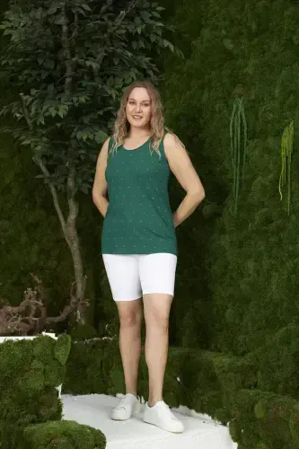 Pearl Detailed Plus Size Green Tank Top - 5