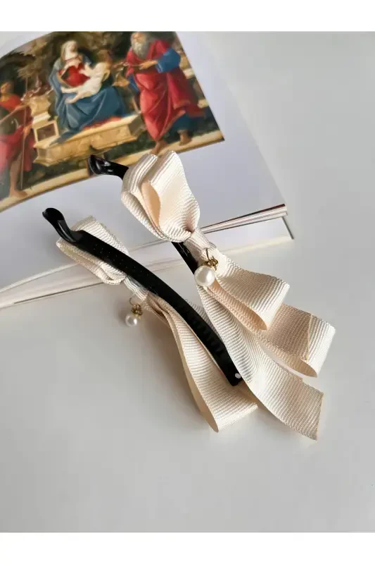 Pearl embellished, large bow banana clip - glossy cream - 2