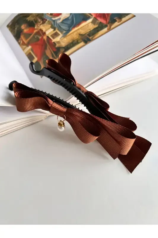 Pearl embellished large bow banana hair clip-cappuccino - 2